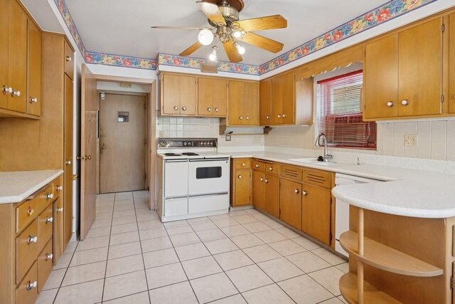 1214 Hull Ter, Evanston, IL 60202 - kitchen with white appliances, a sink, decorative backsplash, ceiling fan, and open shelves