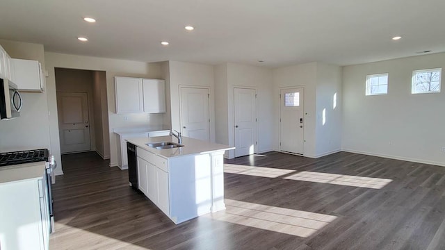 6467 Juniper Dr, Wonder Lake, IL 60097 - kitchen with stainless steel appliances, a sink, recessed lighting, white cabinets, and dark wood-style floors