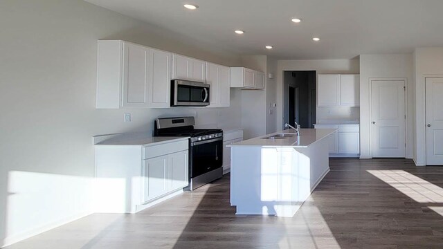 6467 Juniper Dr, Wonder Lake, IL 60097 - kitchen with stainless steel appliances, a sink, recessed lighting, white cabinetry, and wood finished floors
