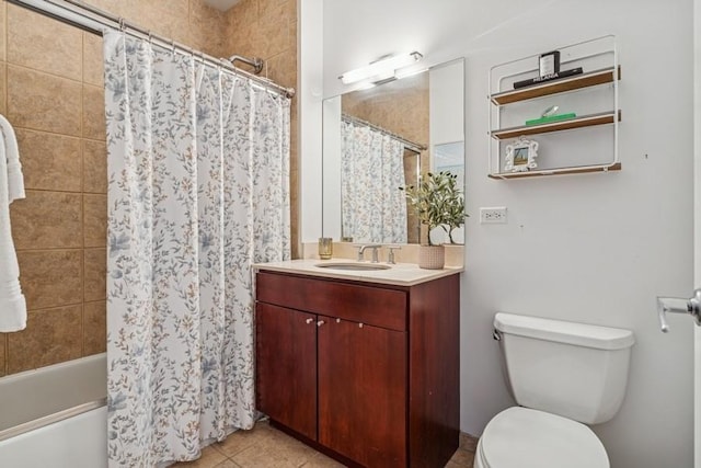 full bath with toilet, vanity, tile patterned flooring, and shower / bathtub combination with curtain