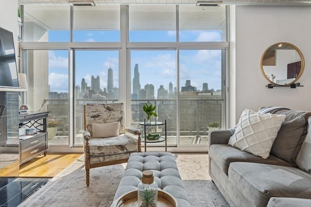 living area featuring a skyline view, wood finished floors, and a wall of windows