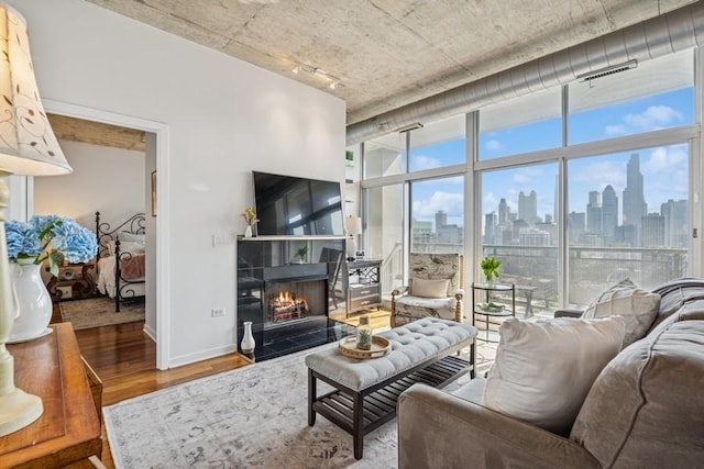 living room featuring wood finished floors, track lighting, baseboards, and a fireplace