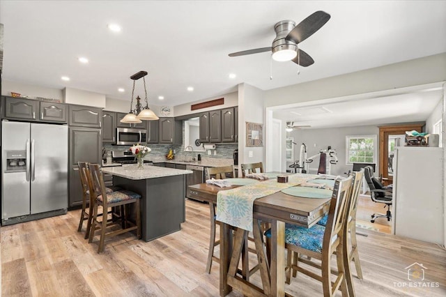 120 3 Oaks Rd, Cary, IL 60013 - dining area featuring ceiling fan, light wood-type flooring, and recessed lighting