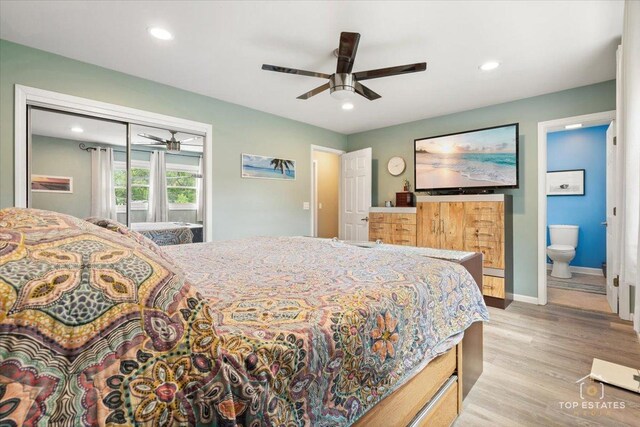 120 3 Oaks Rd, Cary, IL 60013 - bedroom with recessed lighting, light wood-style floors, a ceiling fan, baseboards, and ensuite bathroom
