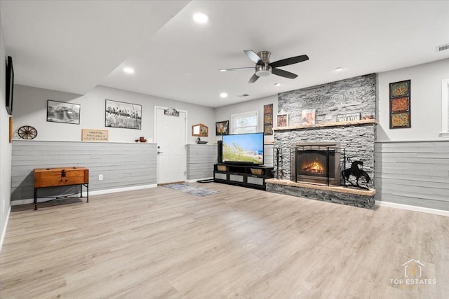 120 3 Oaks Rd, Cary, IL 60013 - living area with ceiling fan, baseboards, wood finished floors, a stone fireplace, and recessed lighting