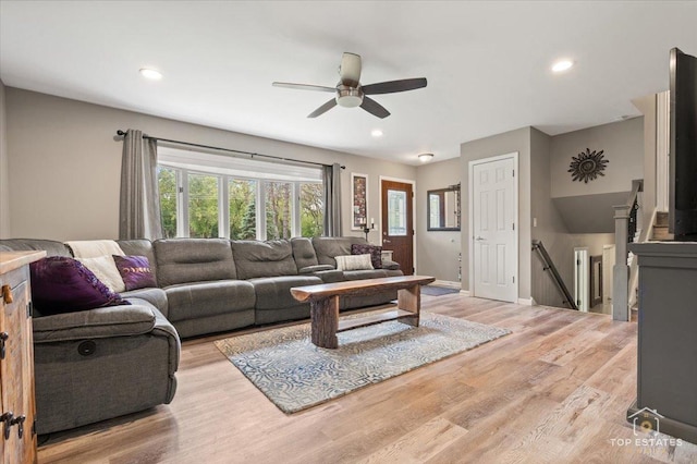 120 3 Oaks Rd, Cary, IL 60013 - living room featuring a ceiling fan, light wood-style floors, recessed lighting, and baseboards