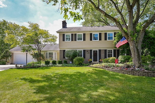 25W651 Towpath Ct, Wheaton, IL 60189 - colonial home with a garage, a chimney, a front yard, driveway, and brick siding