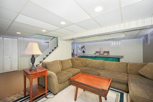 25W651 Towpath Ct, Wheaton, IL 60189 - living room with a paneled ceiling, stairs, carpet floors, recessed lighting, and bar area