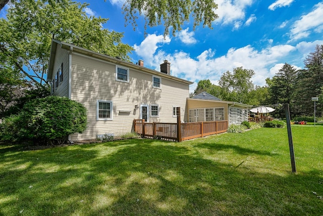 25W651 Towpath Ct, Wheaton, IL 60189 - back of property featuring a deck, a chimney, and a yard