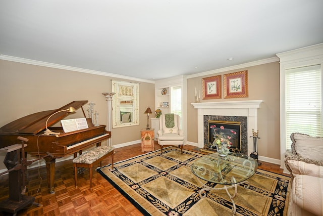 25W651 Towpath Ct, Wheaton, IL 60189 - living room featuring baseboards, crown molding, and a premium fireplace