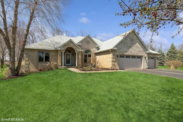 6719 W Applewood Ln, Spring Grove, IL 60081 - view of front of house featuring an attached garage, asphalt driveway, a front yard, and brick siding