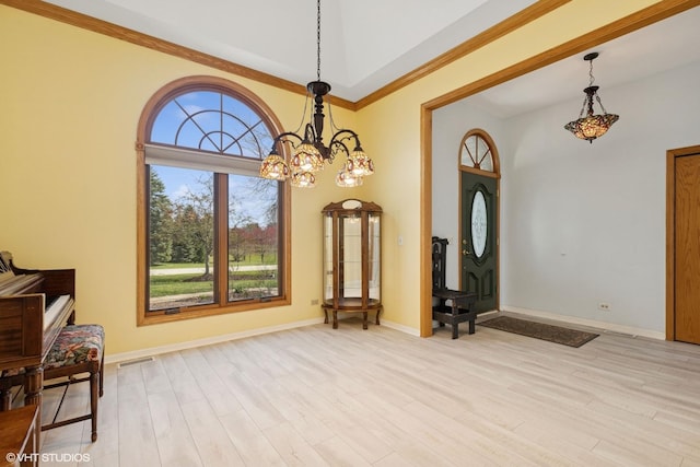 6719 W Applewood Ln, Spring Grove, IL 60081 - foyer entrance with a chandelier, light wood-style floors, baseboards, and a towering ceiling