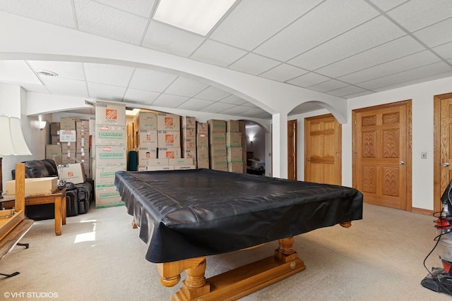 6719 W Applewood Ln, Spring Grove, IL 60081 - playroom featuring a paneled ceiling, light carpet, pool table, and arched walkways