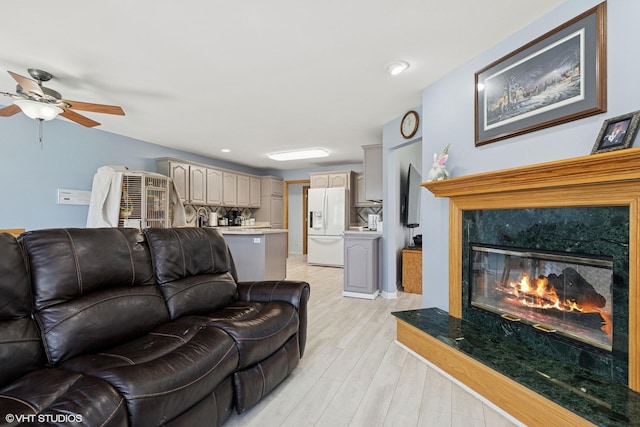 6719 W Applewood Ln, Spring Grove, IL 60081 - living room featuring light wood-type flooring, ceiling fan, and a premium fireplace