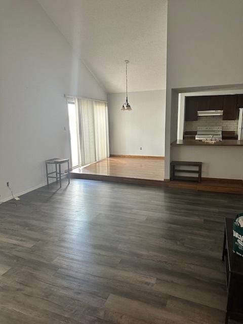 2302 Melrose Dr Unit A, Champaign, IL 61820 - unfurnished living room featuring dark wood-type flooring, high vaulted ceiling, and baseboards