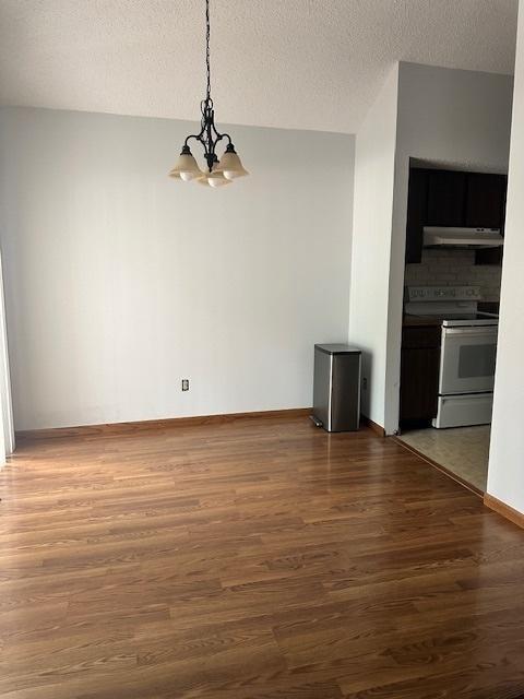 2302 Melrose Dr Unit A, Champaign, IL 61820 - unfurnished dining area with wood finished floors, a chandelier, a textured ceiling, and baseboards