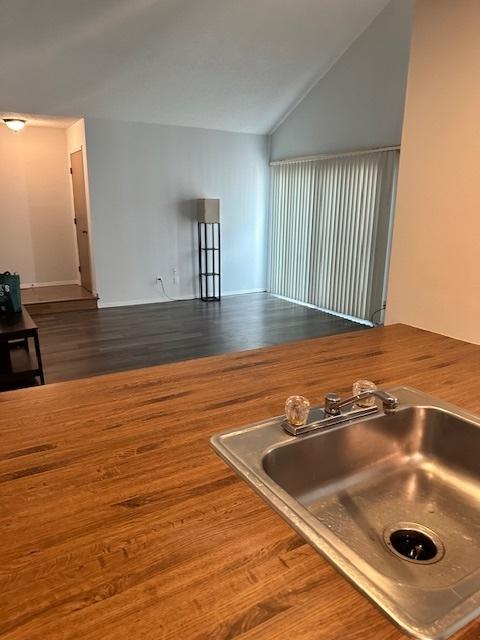 2302 Melrose Dr Unit A, Champaign, IL 61820 - kitchen featuring a sink, vaulted ceiling, and dark wood-style flooring