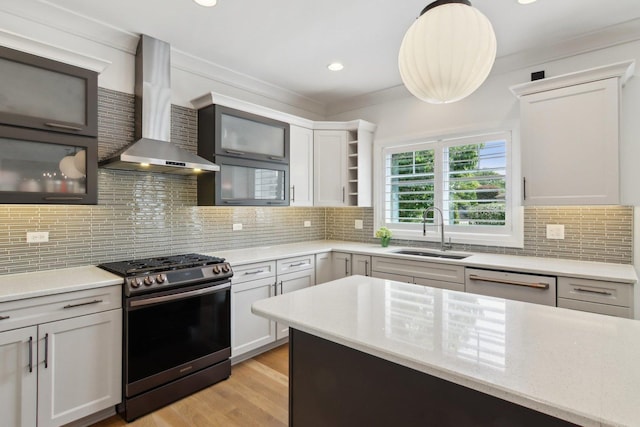 16829 Sheridans Trl, Orland Park, IL 60467 - kitchen featuring wall chimney exhaust hood, stainless steel range with gas cooktop, a sink, dishwasher, and tasteful backsplash