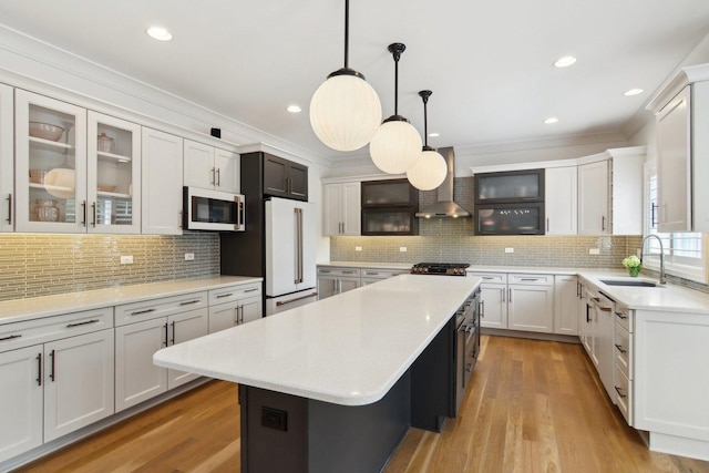 16829 Sheridans Trl, Orland Park, IL 60467 - kitchen with stainless steel microwave, high end white fridge, wall chimney exhaust hood, a sink, and a kitchen island