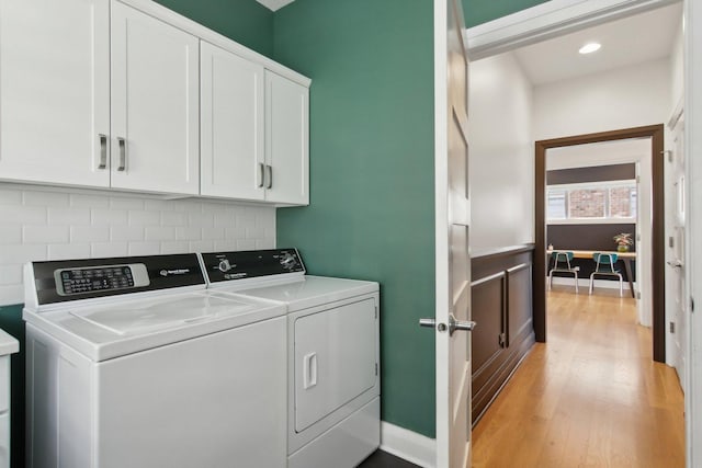 16829 Sheridans Trl, Orland Park, IL 60467 - laundry room featuring cabinet space, washer and clothes dryer, light wood-type flooring, and recessed lighting