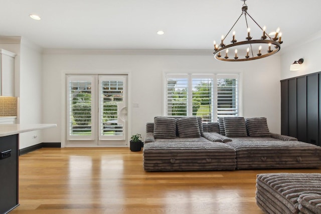 16829 Sheridans Trl, Orland Park, IL 60467 - living room with crown molding, a chandelier, light wood-style flooring, and recessed lighting
