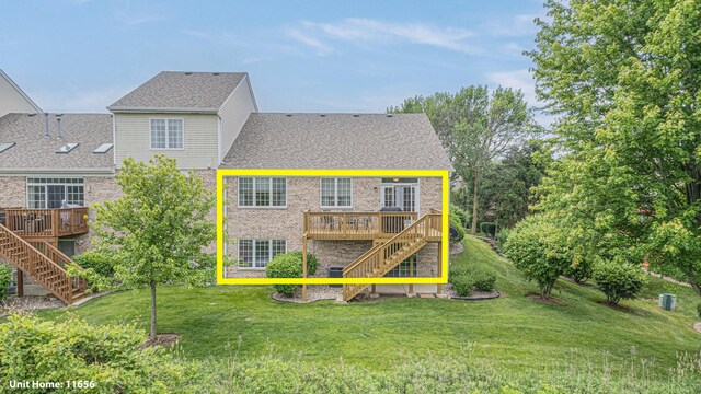 11656 Lake Shore Dr, Orland Park, IL 60467 - back of property with stairs, a wooden deck, a lawn, and a shingled roof