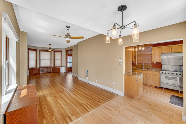 1044 S E Ave, Oak Park, IL 60304 - unfurnished living room featuring radiator heating unit, light wood-type flooring, baseboards, a sink, and a ceiling fan