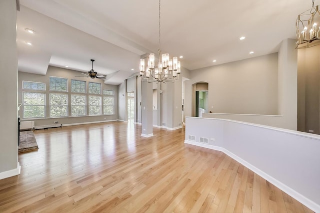 2334 Glen Eagles Ln, Riverwoods, IL 60015 - unfurnished dining area featuring a chandelier, a ceiling fan, light wood-style flooring, recessed lighting, and baseboards