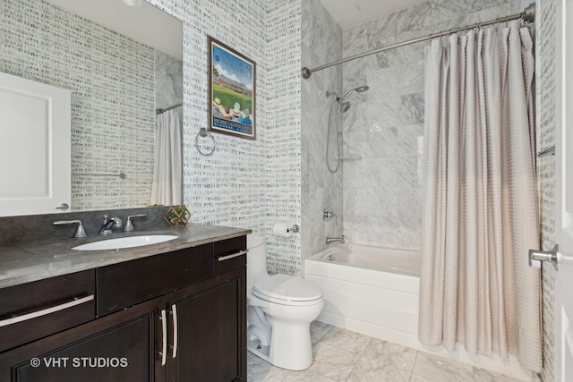 bathroom featuring toilet, shower / tub combo with curtain, vanity, and tile walls