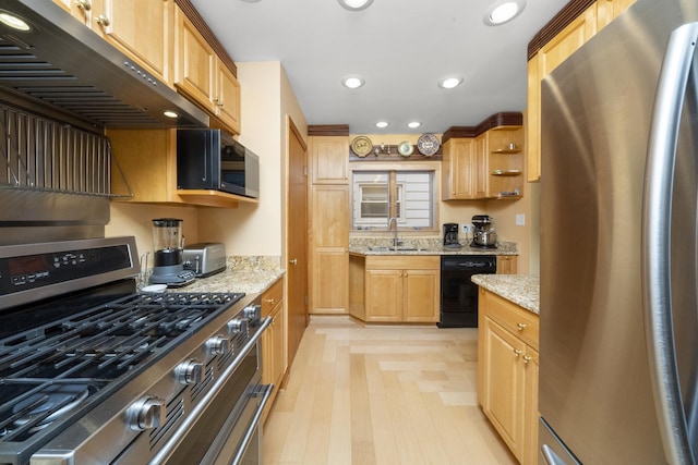 4129 N Mcvicker Ave, Chicago, IL 60634 - kitchen featuring black appliances, under cabinet range hood, a sink, light stone countertops, and recessed lighting