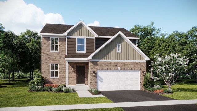 craftsman house with asphalt driveway, board and batten siding, a front yard, brick siding, and a garage