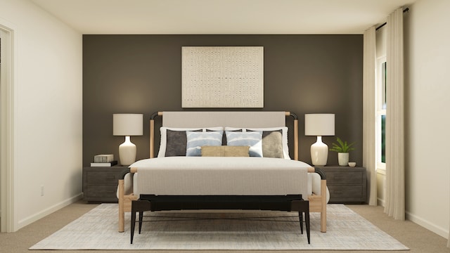 bedroom featuring carpet flooring and baseboards
