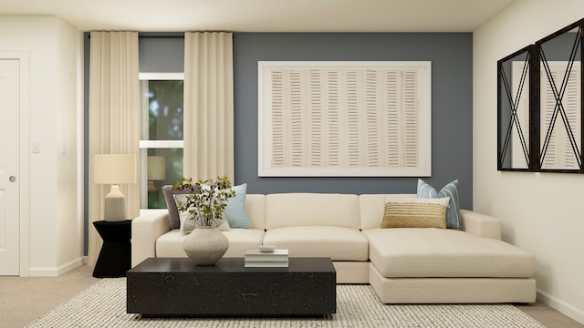 living room with carpet floors and baseboards