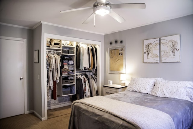 1703 Beverly Pl, Highland Park, IL 60035 - carpeted bedroom featuring a closet, baseboards, ornamental molding, and a ceiling fan
