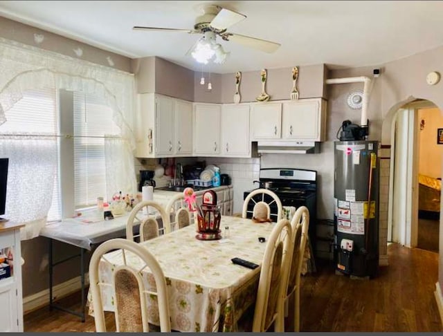 4803 S Honore St, Chicago, IL 60609 - dining room featuring gas water heater, dark wood-type flooring, ceiling fan, and arched walkways