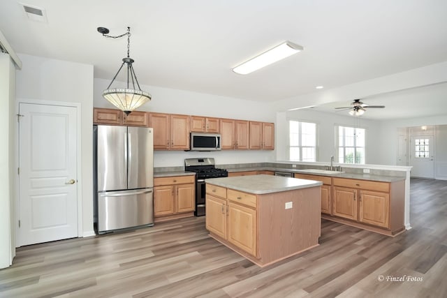 11315 Nelson Dr, Huntley, IL 60142 - kitchen with stainless steel appliances, a peninsula, light countertops, ceiling fan, and light wood-type flooring