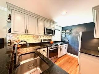 1010 N Patton Ave, Arlington Heights, IL 60004 - kitchen featuring appliances with stainless steel finishes, a sink, light wood finished floors, tasteful backsplash, and dark stone countertops