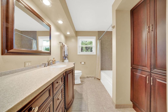 full bath with toilet, tile patterned floors, recessed lighting, vanity, and shower / tub combo with curtain