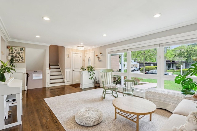 9017 Pottawattami Dr, Skokie, IL 60076 - living area featuring stairway, crown molding, wainscoting, dark wood finished floors, and recessed lighting