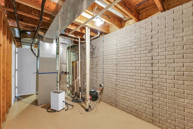 1208 Waters Edge Rd, Champaign, IL 61822 - unfinished basement with gas water heater, brick wall, and heating unit