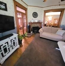 living room featuring wood finished floors and a fireplace