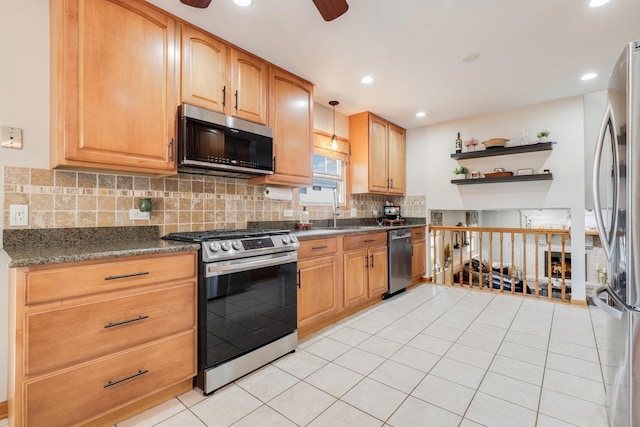 6333 Carriage Way, Oak Forest, IL 60452 - kitchen with stainless steel appliances, open shelves, a ceiling fan, tasteful backsplash, and light tile patterned floors