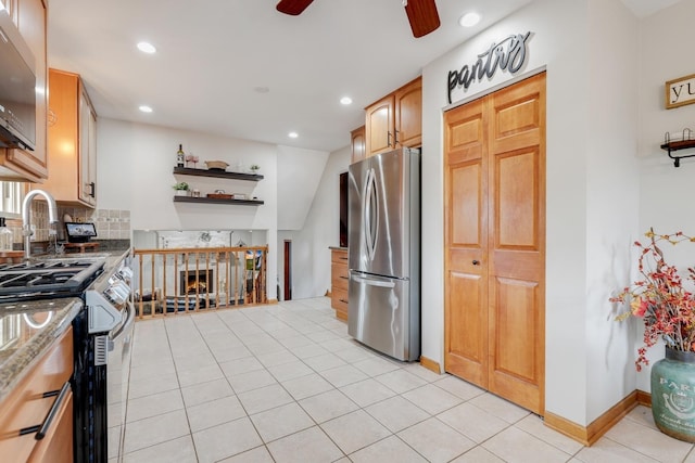 6333 Carriage Way, Oak Forest, IL 60452 - kitchen with appliances with stainless steel finishes, ceiling fan, open shelves, recessed lighting, and light tile patterned floors