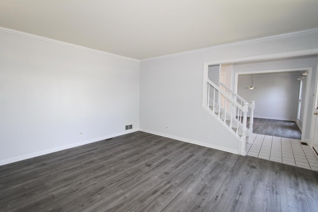 1960 Slippery Rock Rd, Naperville, IL 60565 - empty room featuring stairs, dark wood finished floors, baseboards, and ornamental molding