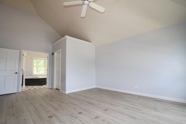1960 Slippery Rock Rd, Naperville, IL 60565 - empty room featuring ceiling fan, light wood finished floors, high vaulted ceiling, and baseboards