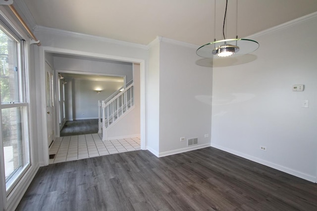1960 Slippery Rock Rd, Naperville, IL 60565 - unfurnished dining area with dark wood-style flooring, ornamental molding, baseboards, and stairway