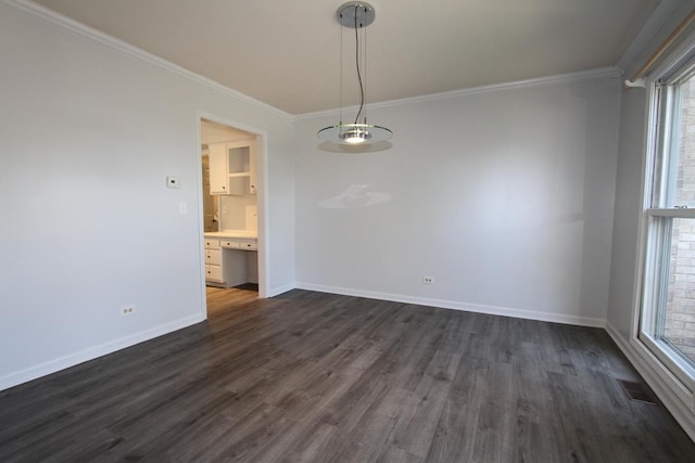 1960 Slippery Rock Rd, Naperville, IL 60565 - unfurnished dining area with dark wood-style floors, ornamental molding, plenty of natural light, and baseboards