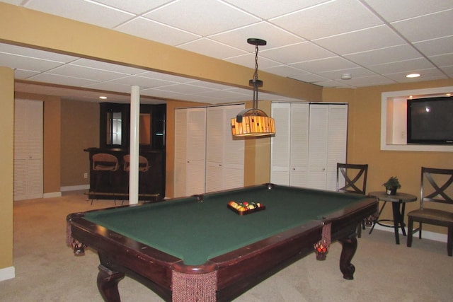 164 Blue Heron Ct, Round Lake, IL 60073 - game room featuring a paneled ceiling, pool table, carpet, and baseboards