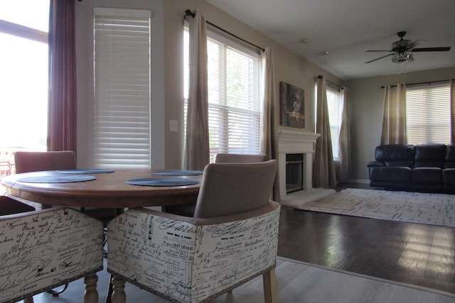 164 Blue Heron Ct, Round Lake, IL 60073 - dining area featuring a ceiling fan, wood finished floors, a glass covered fireplace, and baseboards