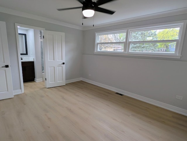 27W075 Fleming Dr, Winfield, IL 60190 - unfurnished bedroom featuring light wood-type flooring, baseboards, ornamental molding, and a ceiling fan